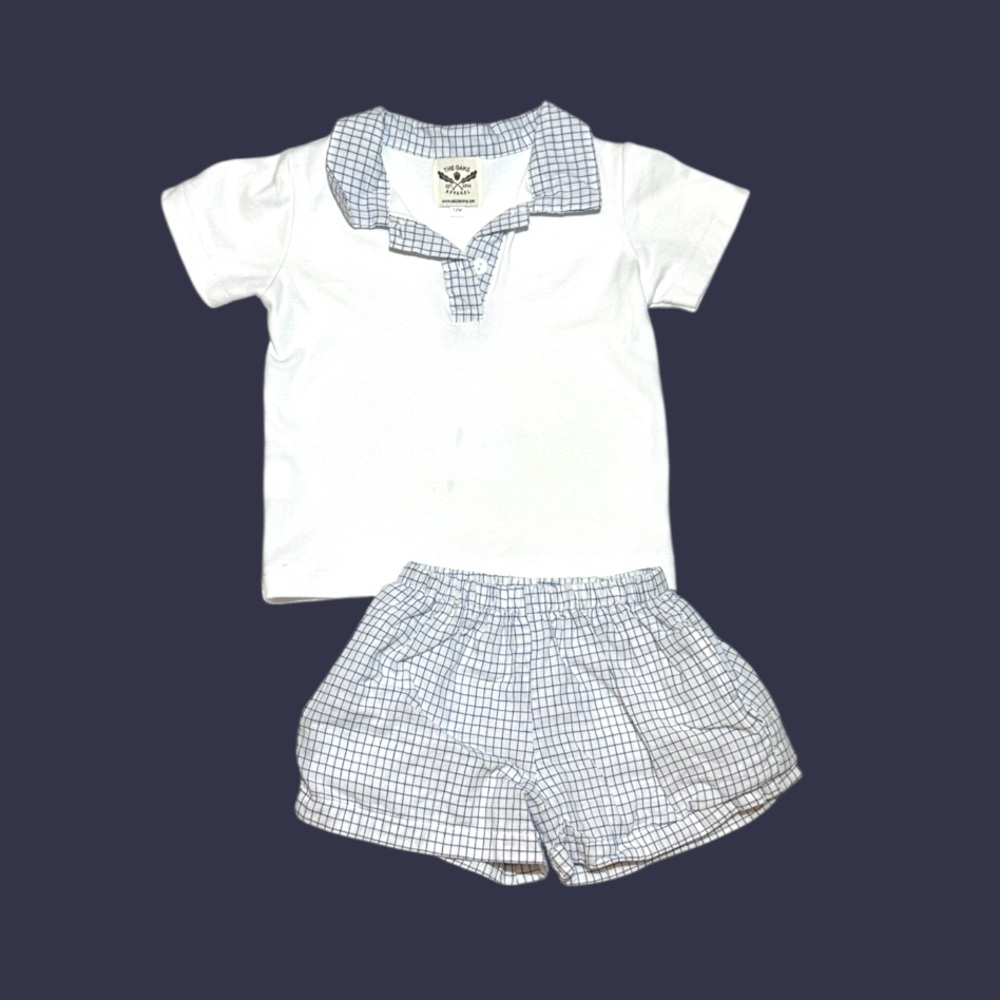 The Oaks Apparel Co. blue & white windowpane knit polo top short set 12mo